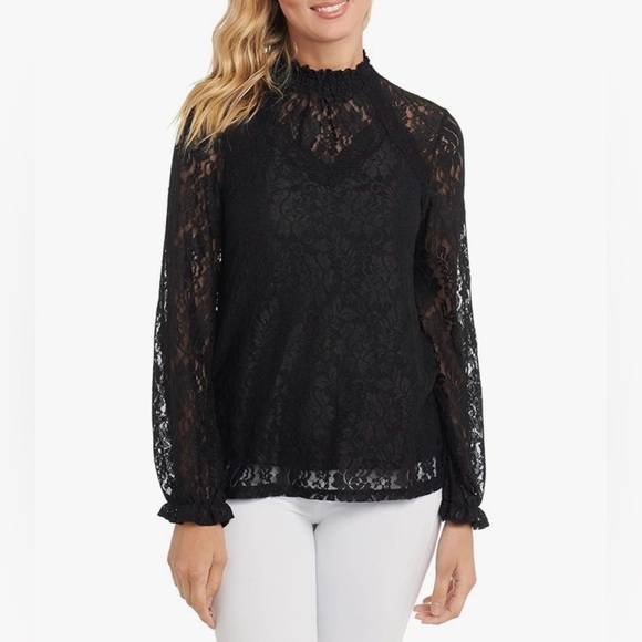 Cable & Gauge NWT Black Lace High Neck Long Sleeve Top Small - Picture 1 of 9